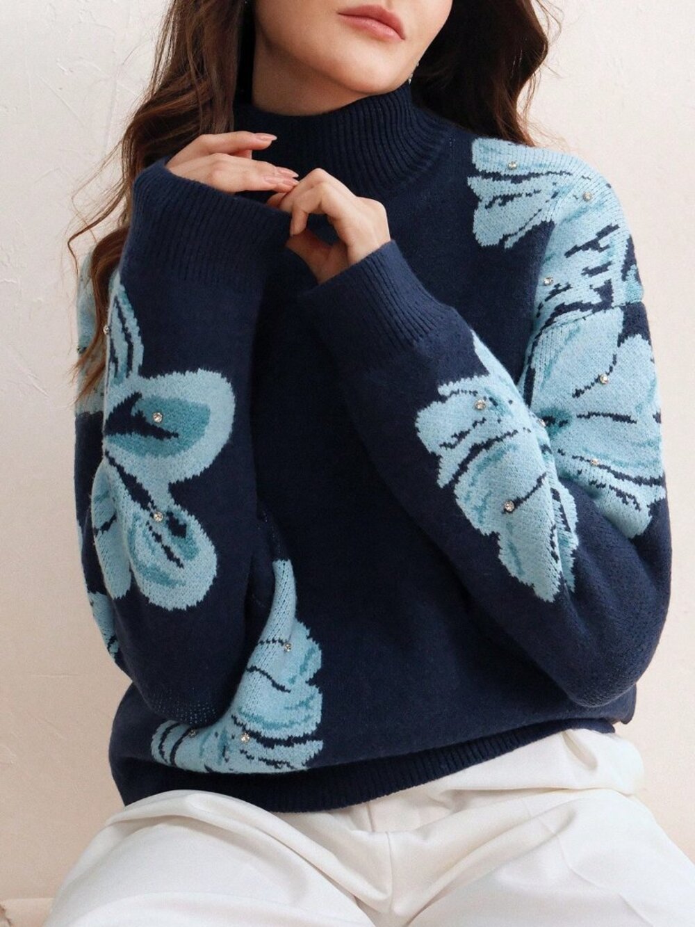 Blue Casual Women's Floral Rhinestone Embellished Sweater